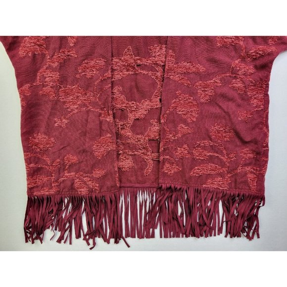 Chico's Women S/M Burgundy Leaf Jacquard Open Front Sweater Fringe Boho Festival - Picture 2 of 9